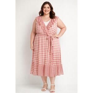 Lauren Conrad Dress 3X Pink Gingham Midi Ruffle Wrap Tie Waist Cottage